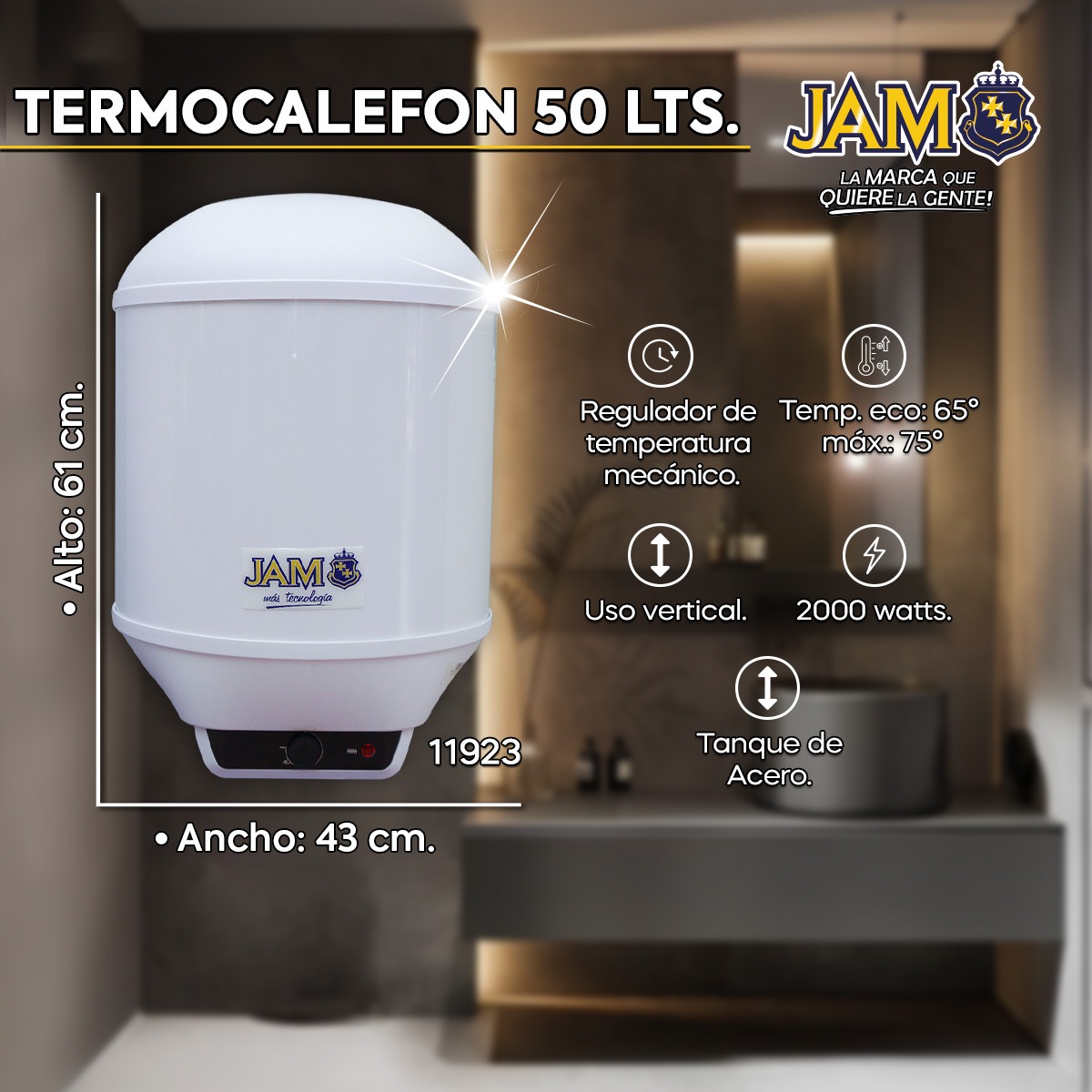 termocalefon jam vertical 50lts. tanque acero 2000w te50a20