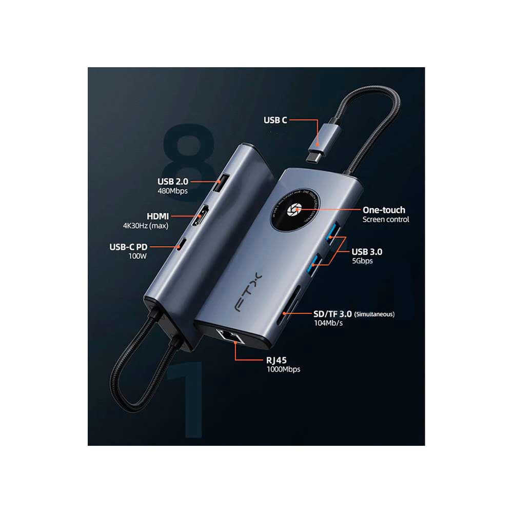 Hub 8 En 1 Usb-C - Hdmi/Rj45/Usb-A/Usb-C/Sd Ftx-Hubl3-Ag 4k/30hz/1gbps/100w/5gbps